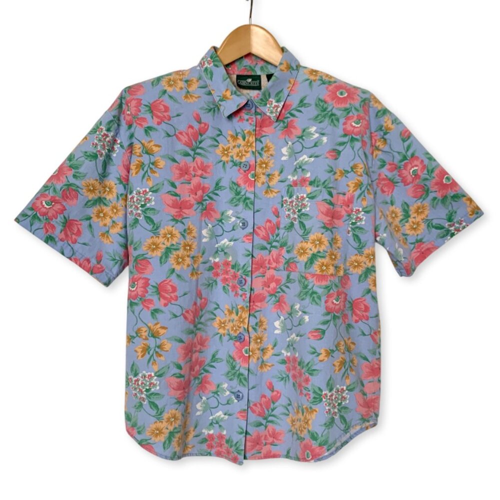 Vintage Cabin Creek Floral Collar Button Up Short Sleeve Shirt Prep Coastal Boho